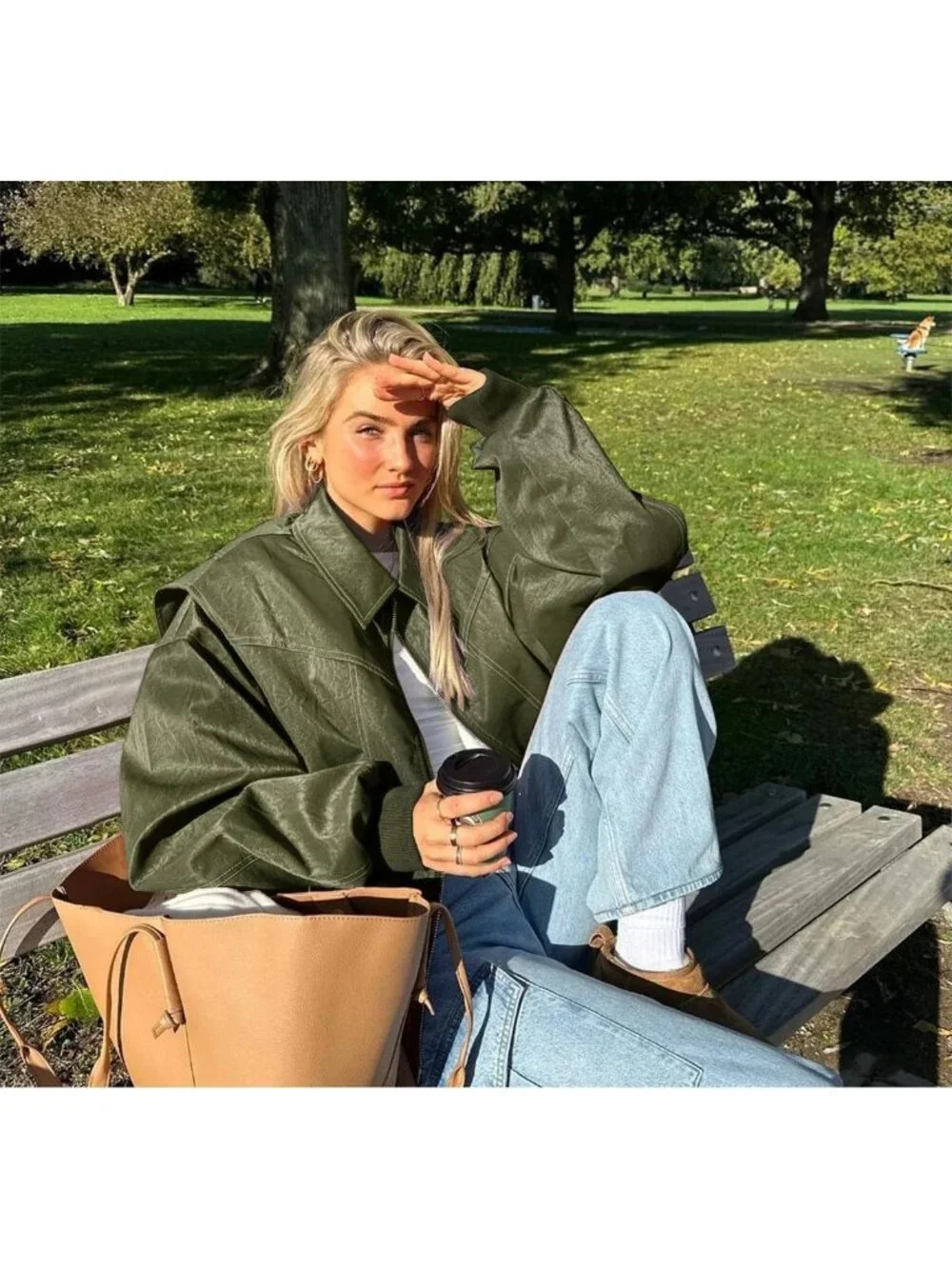 Women's Green Faux Leather Motorcycle Jacket Oversized Zip Up Loose Winter Coat